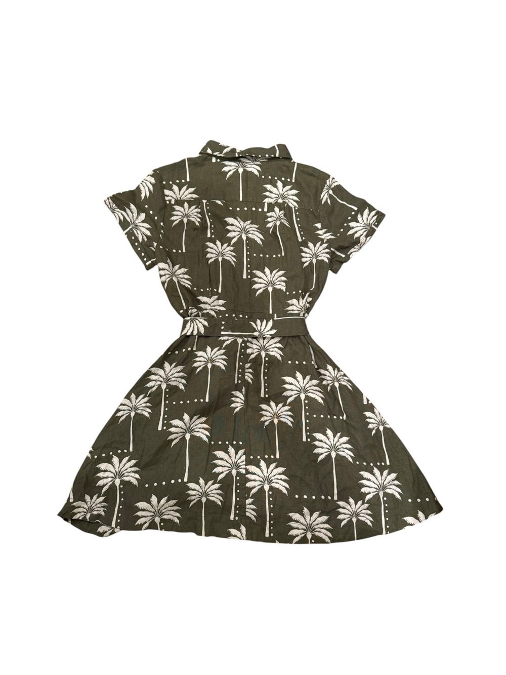 NWT Tahari Linen Olive Green Palm-Print Shirt Dress with Belt and Wooden Buckle - Picture 4 of 5